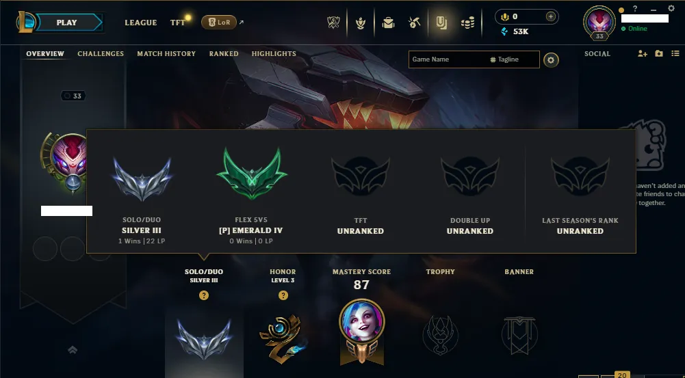 🌎EUW🏆 Solo 🔰 Silver 3 🏆 Flex 🔰 Emerald 4❄️+53K  🔥4 Skins 🔰ProJect:Renkton🏆30 Champions ✅️Unverified Email🚀instant delivery